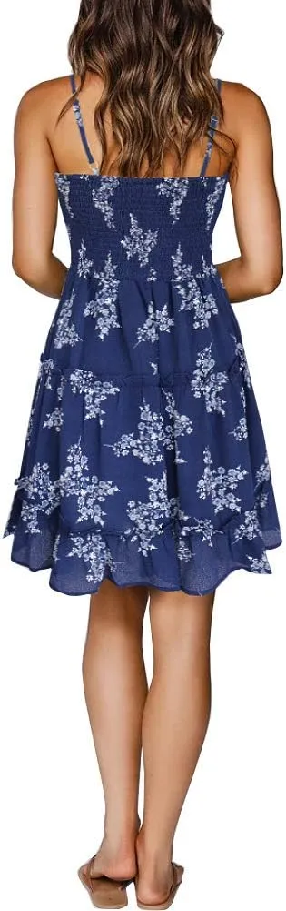 FANCYINN Women Floral Casual Tiered Mini Dresses Spaghetti Strap V Neck Backless A Line Swing Short Dress with Pockets