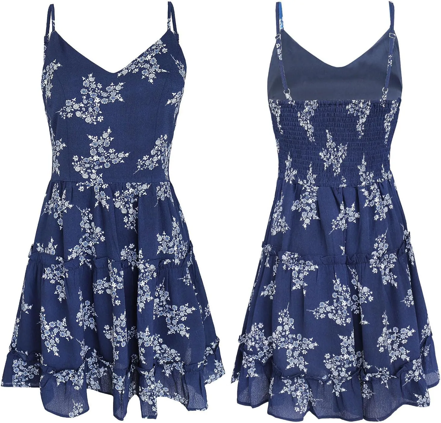 FANCYINN Women Floral Casual Tiered Mini Dresses Spaghetti Strap V Neck Backless A Line Swing Short Dress with Pockets