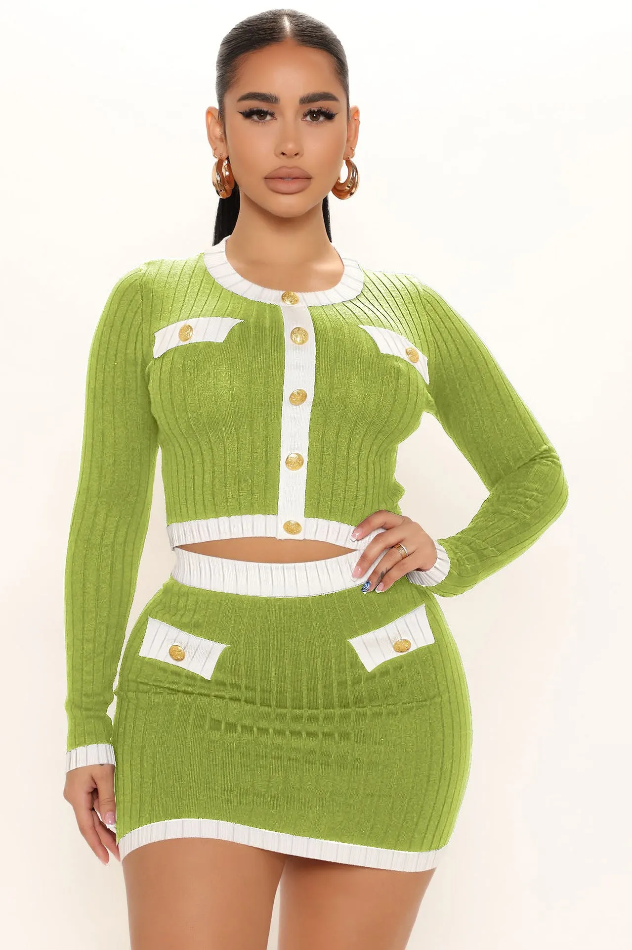Fashion contrast color long sleeved short skirt set AY3203