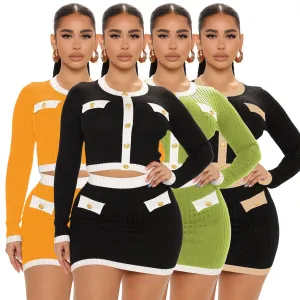 Fashion contrast color long sleeved short skirt set AY3203
