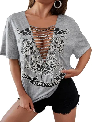 Floerns Women's Cut Out Front Skull V Neck Short Sleeve Drop Shoulder Tee Shirts