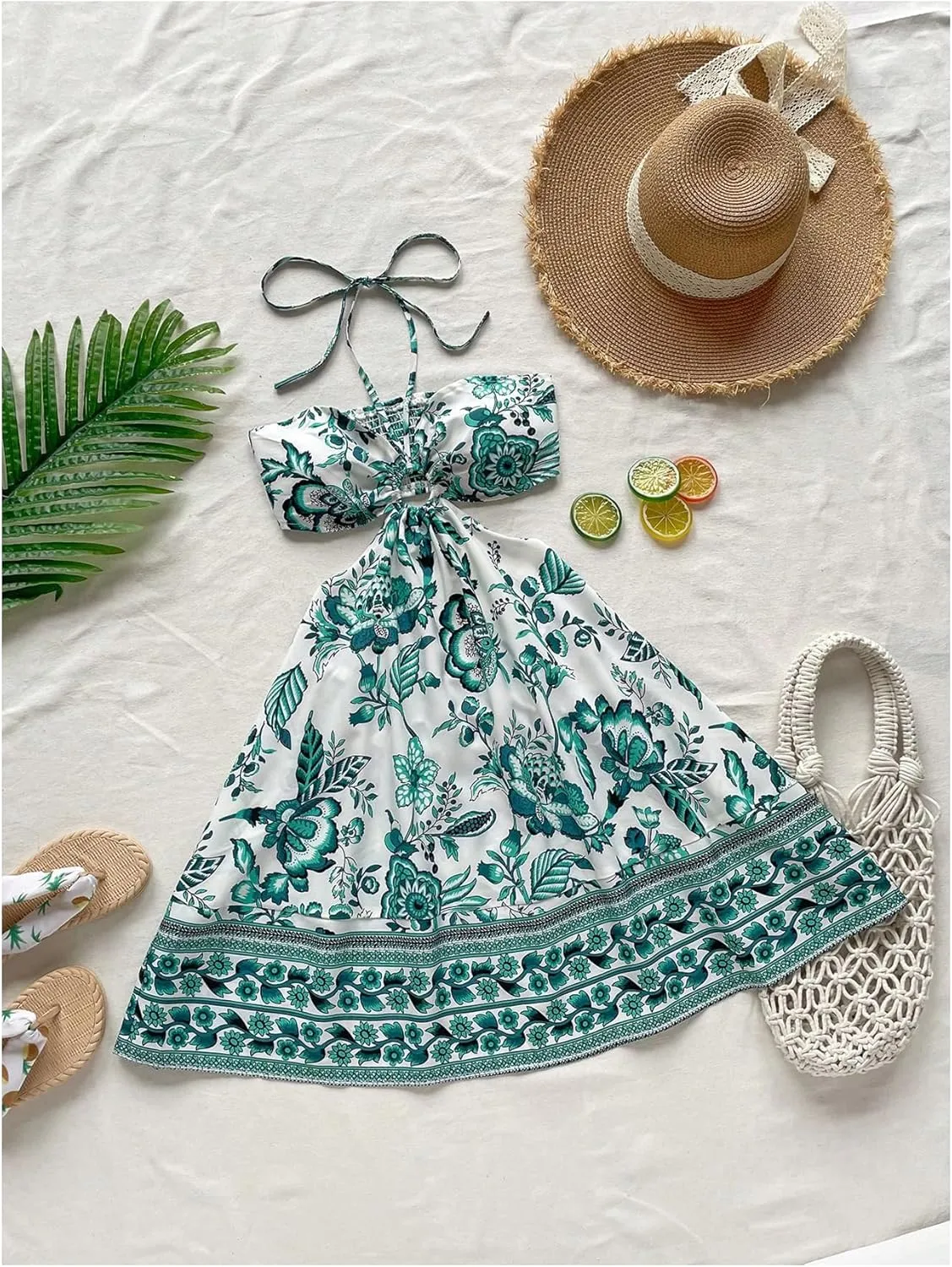 Floerns Women's Floral Halter Neck Vacation Dress Sleeveless Cut Out Boho Cami Dress