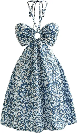 Floerns Women's Floral Halter Neck Vacation Dress Sleeveless Cut Out Boho Cami Dress
