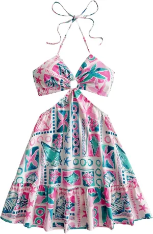 Floerns Women's Floral Halter Neck Vacation Dress Sleeveless Cut Out Boho Cami Dress