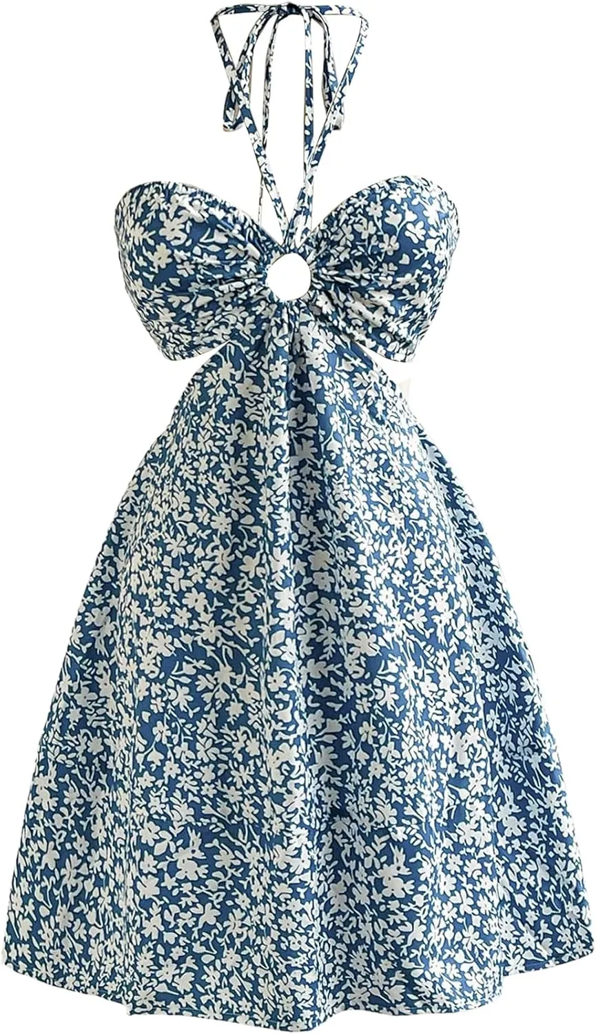 Floerns Women's Floral Halter Neck Vacation Dress Sleeveless Cut Out Boho Cami Dress