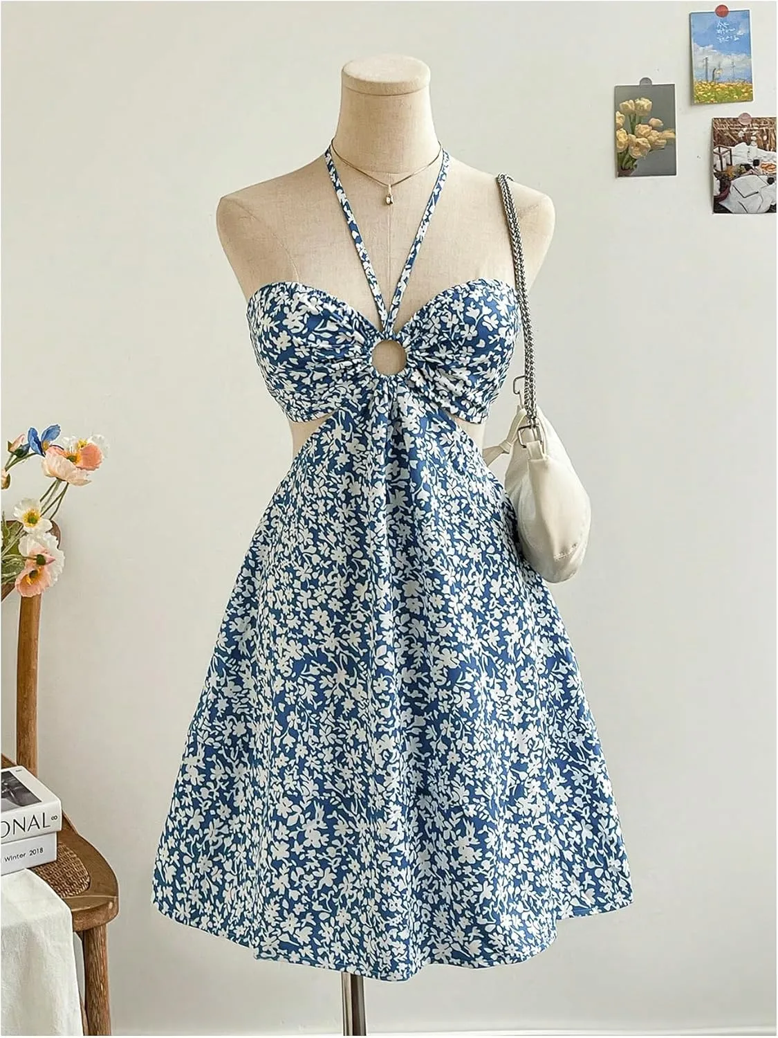 Floerns Women's Floral Halter Neck Vacation Dress Sleeveless Cut Out Boho Cami Dress