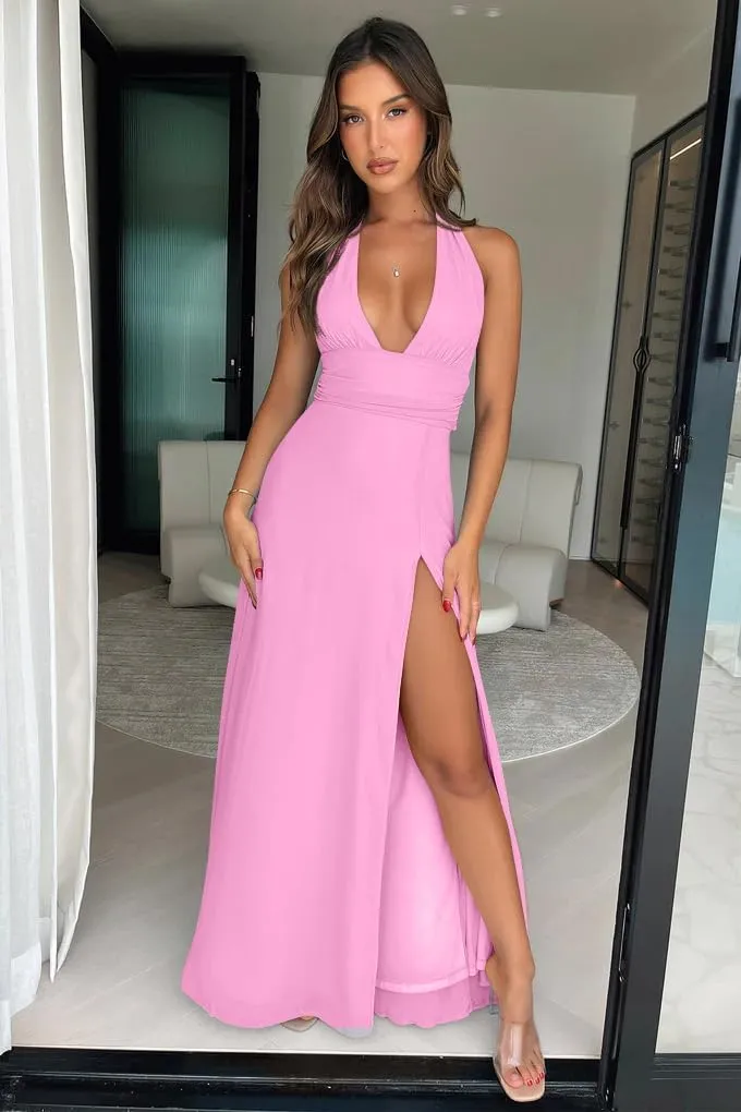 GOKATOSAU Women's Sexy Sleeveless Halter V Neck Ruched Waist Tie Back Side Split Long Maxi Dress