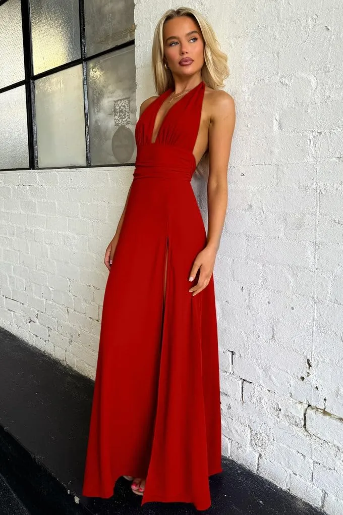 GOKATOSAU Women's Sexy Sleeveless Halter V Neck Ruched Waist Tie Back Side Split Long Maxi Dress