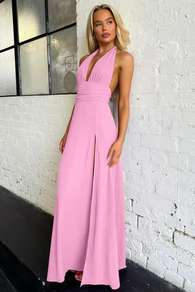 GOKATOSAU Women's Sexy Sleeveless Halter V Neck Ruched Waist Tie Back Side Split Long Maxi Dress
