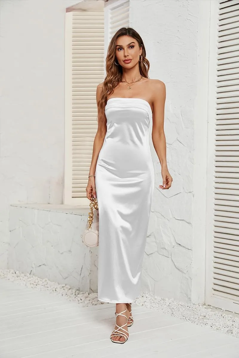 GOLDSTITCH Women's Maxi Bodycon Dresses Backless Tube Dress Low Back Hollow Out Elegant Strapless Long Dresses Wedding Guest