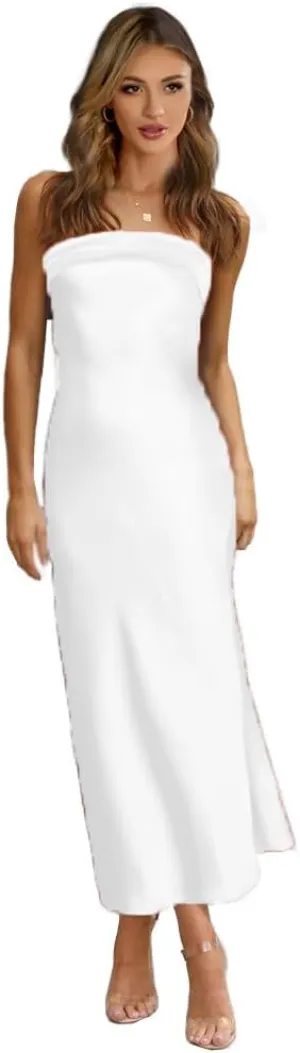 GOLDSTITCH Women's Maxi Bodycon Dresses Backless Tube Dress Low Back Hollow Out Elegant Strapless Long Dresses Wedding Guest