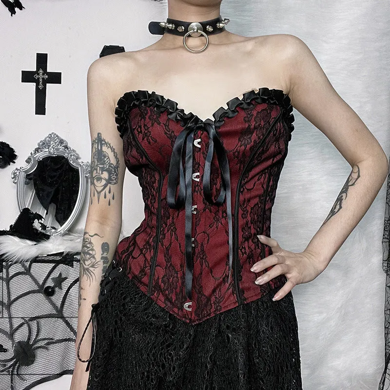 Gothic Dark Strapless Lace Waist Cinched Vest