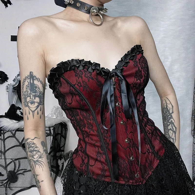 Gothic Dark Strapless Lace Waist Cinched Vest