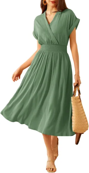 GRACE KARIN Casual Dresses for Women 2025 Summer Smocked High Waist Flowy Dress with Pockets