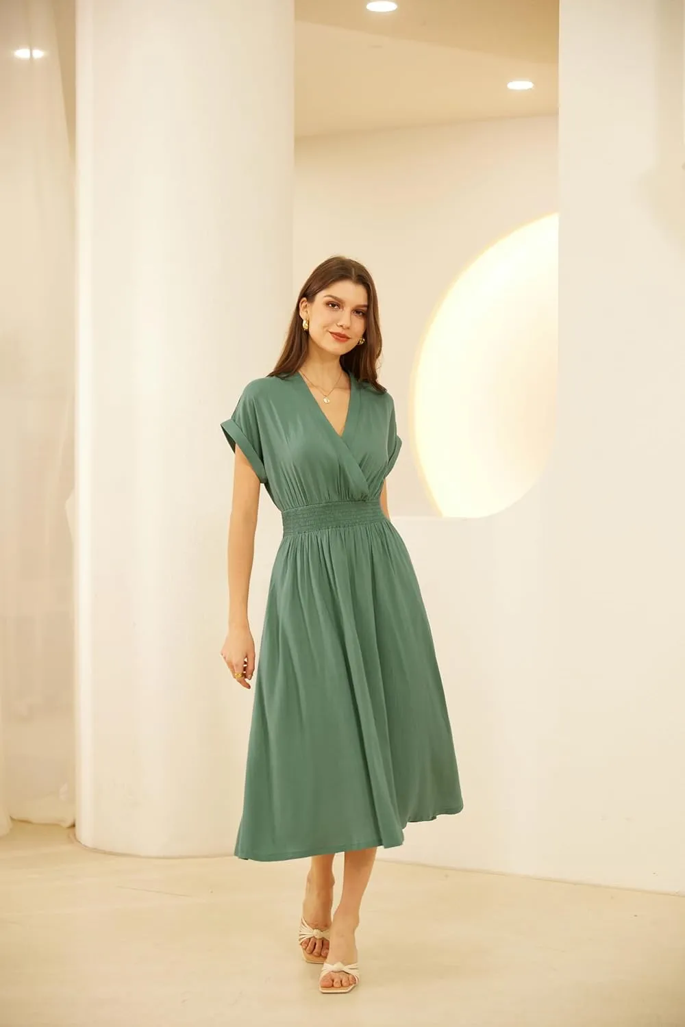 GRACE KARIN Casual Dresses for Women 2025 Summer Smocked High Waist Flowy Dress with Pockets