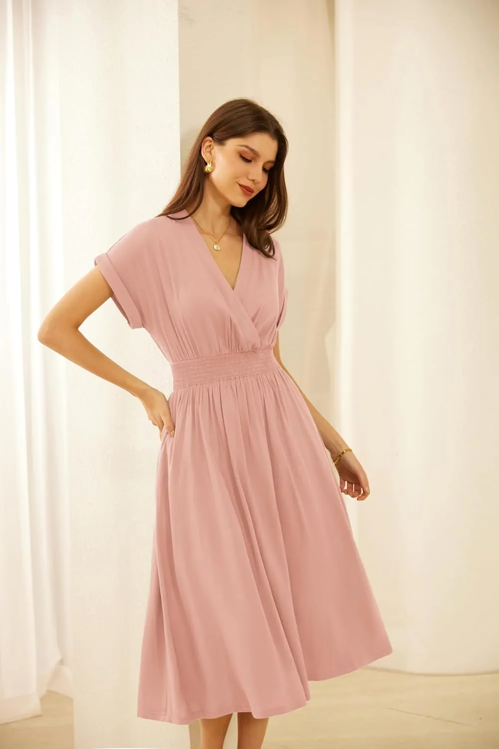GRACE KARIN Casual Dresses for Women 2025 Summer Smocked High Waist Flowy Dress with Pockets
