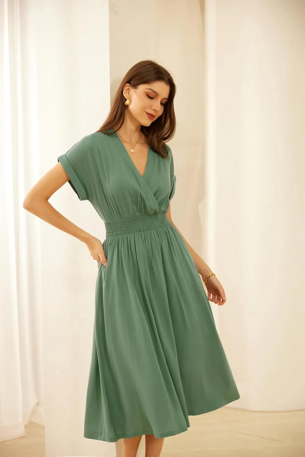 GRACE KARIN Casual Dresses for Women 2025 Summer Smocked High Waist Flowy Dress with Pockets