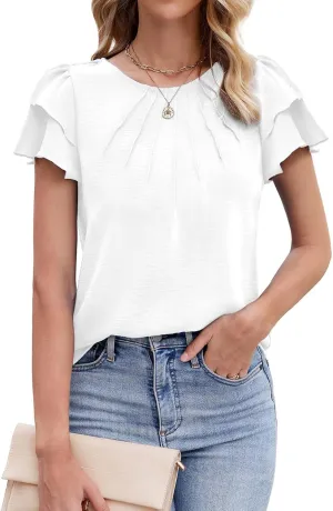 Gracyoga Womens 2025 Dressy Casual Blouses Ruffle Short Sleeve T Shirts Pleated Crew Neck Tops