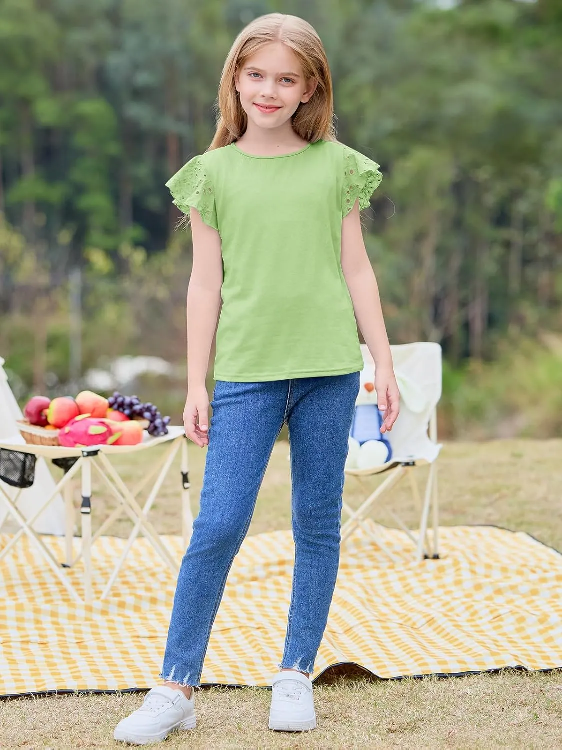 Imily Bela Girls Ruffle Sleeve Shirts Summer Crewneck Eyelet Tee Tops Casual Cute Blouse 4-15 Years