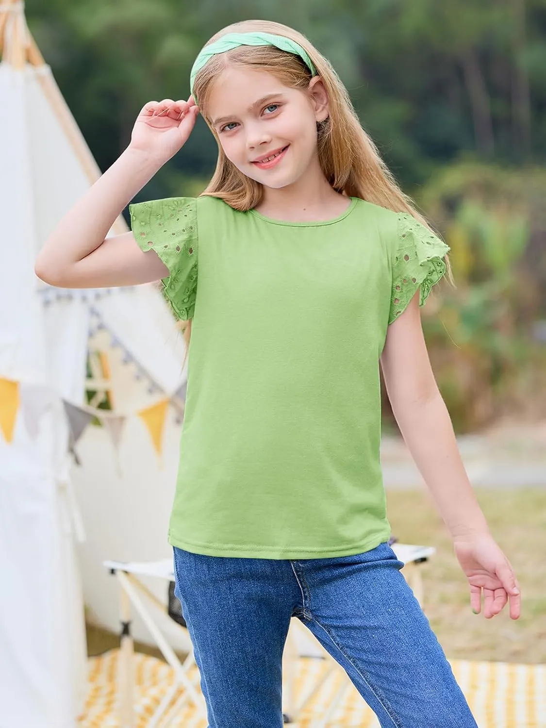 Imily Bela Girls Ruffle Sleeve Shirts Summer Crewneck Eyelet Tee Tops Casual Cute Blouse 4-15 Years