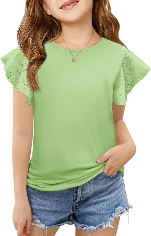 Imily Bela Girls Ruffle Sleeve Shirts Summer Crewneck Eyelet Tee Tops Casual Cute Blouse 4-15 Years