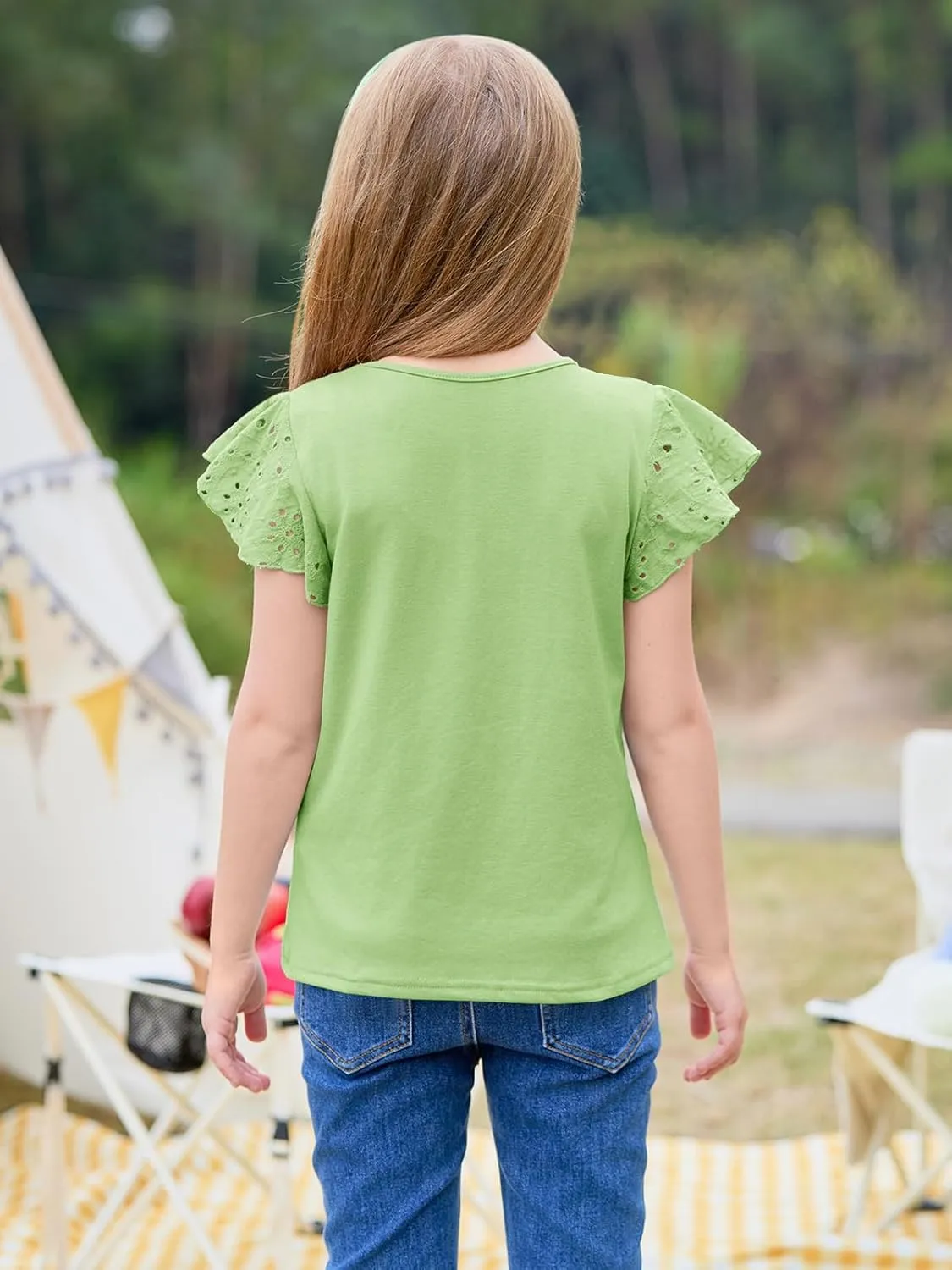 Imily Bela Girls Ruffle Sleeve Shirts Summer Crewneck Eyelet Tee Tops Casual Cute Blouse 4-15 Years