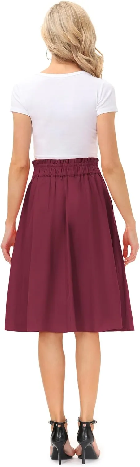 KANCY KOLE Women Casual Cotton Linen Skirts Frill Tie Waist A-Line Midi Skirt with Pockets S-XXL