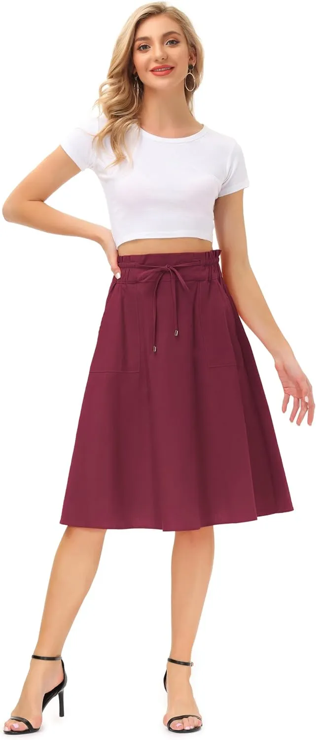 KANCY KOLE Women Casual Cotton Linen Skirts Frill Tie Waist A-Line Midi Skirt with Pockets S-XXL