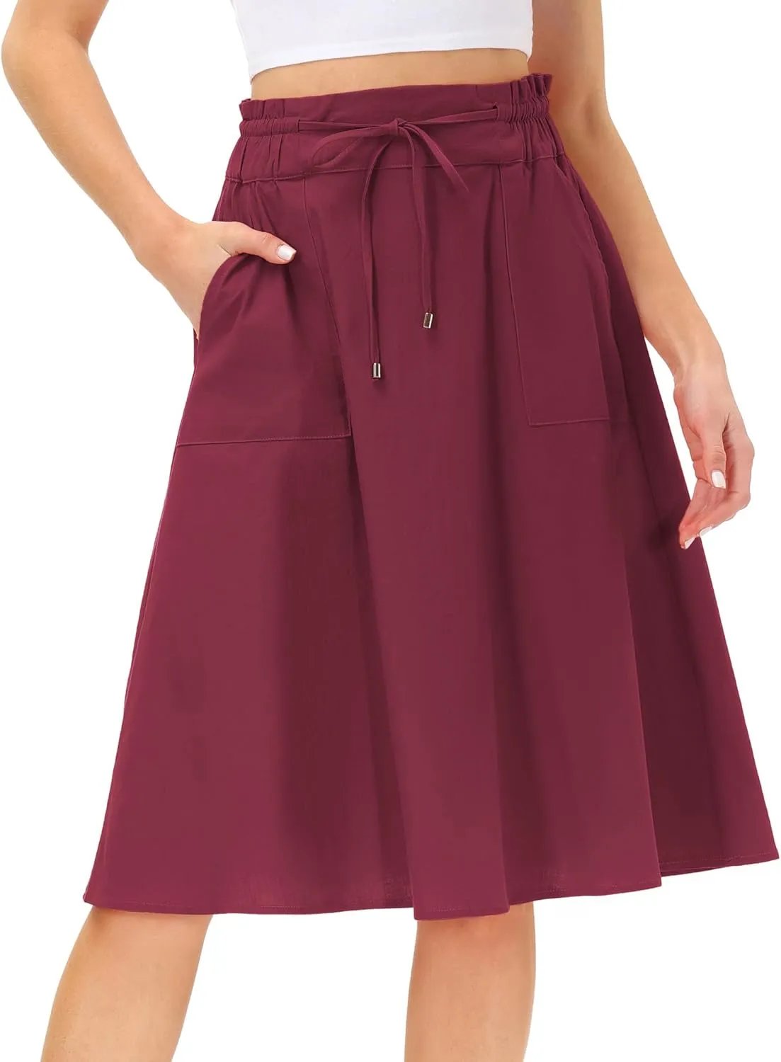 KANCY KOLE Women Casual Cotton Linen Skirts Frill Tie Waist A-Line Midi Skirt with Pockets S-XXL
