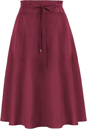 KANCY KOLE Women Casual Cotton Linen Skirts Frill Tie Waist A-Line Midi Skirt with Pockets S-XXL