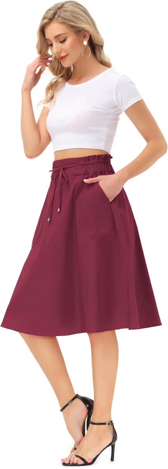 KANCY KOLE Women Casual Cotton Linen Skirts Frill Tie Waist A-Line Midi Skirt with Pockets S-XXL