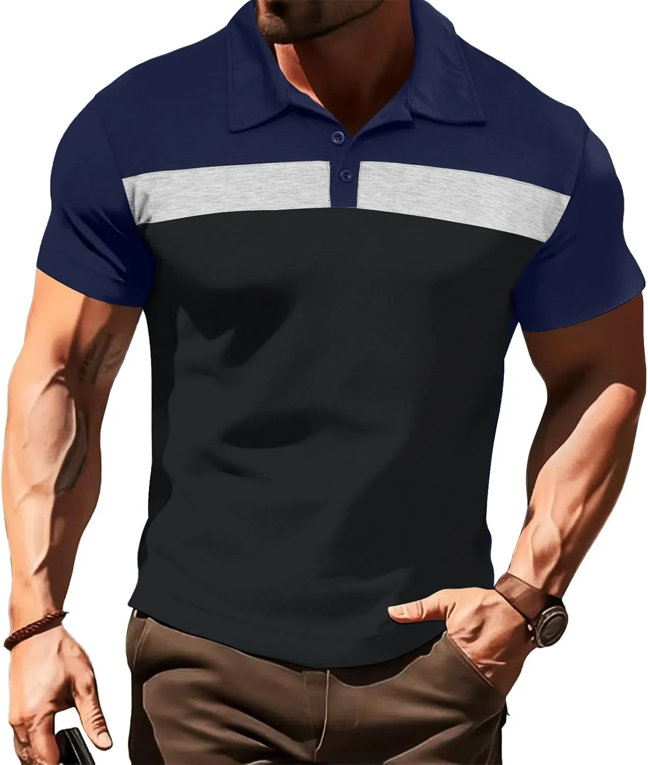 Lexiart Mens Fashion Golf Polo Shirts Short Sleeve Color Block Polo Shirt Basic Cotton Golf Shirts