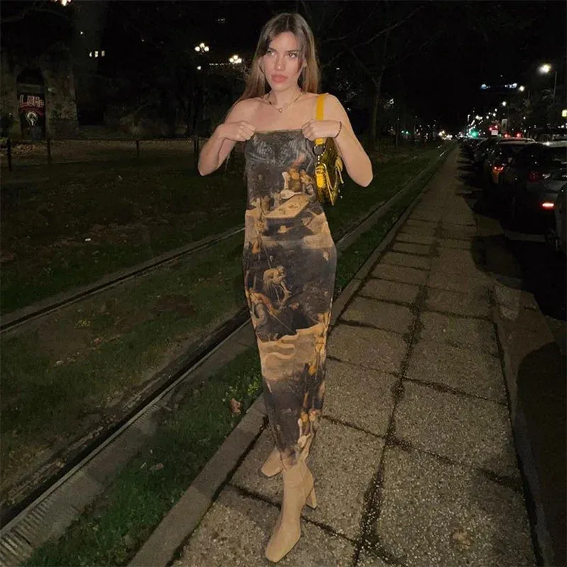 LVSANW CUTENOVA Sexy Strapless Oil Painting Printing Mesh Slim Midi Dress Female Chic Brand Party Vestidos