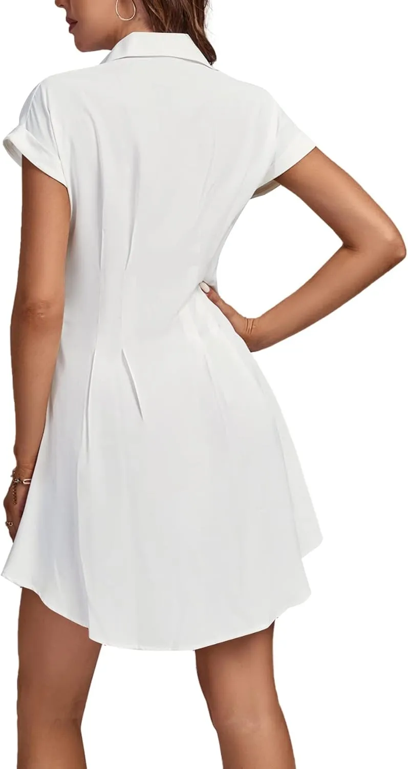 LYANER Women's Pleated Waist Collar Button Down Short Sleeve Mini Short Shirt Dress