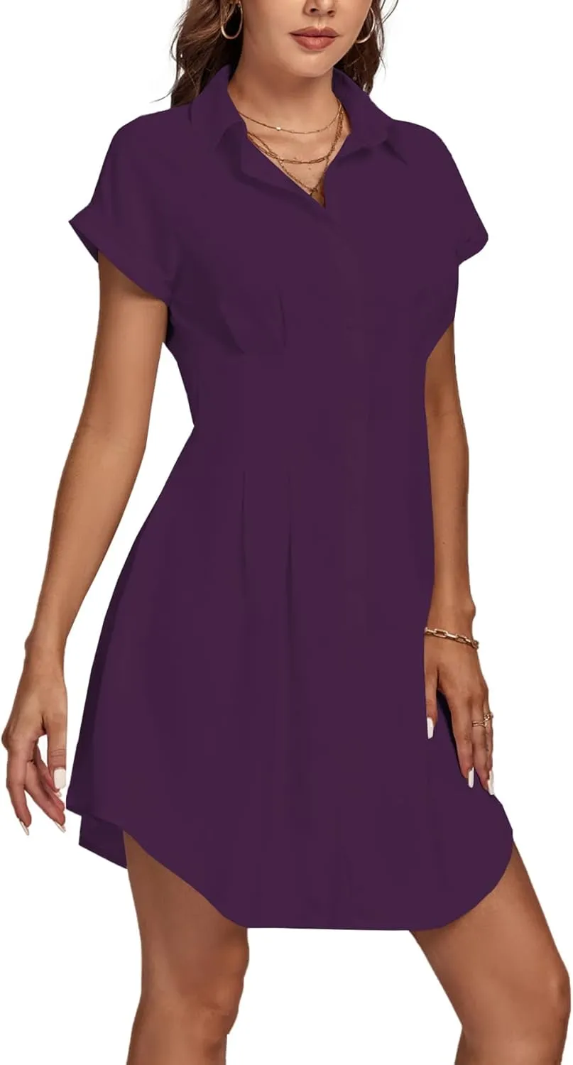 LYANER Women's Pleated Waist Collar Button Down Short Sleeve Mini Short Shirt Dress
