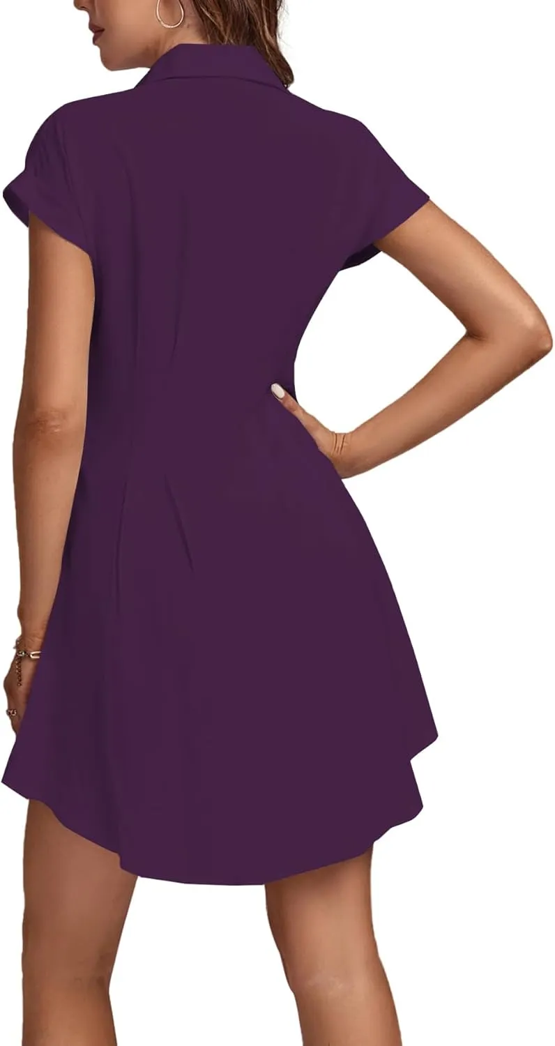 LYANER Women's Pleated Waist Collar Button Down Short Sleeve Mini Short Shirt Dress