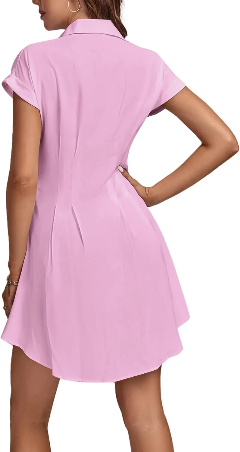 LYANER Women's Pleated Waist Collar Button Down Short Sleeve Mini Short Shirt Dress