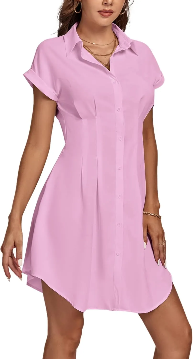 LYANER Women's Pleated Waist Collar Button Down Short Sleeve Mini Short Shirt Dress