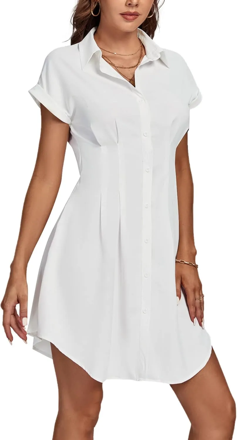 LYANER Women's Pleated Waist Collar Button Down Short Sleeve Mini Short Shirt Dress