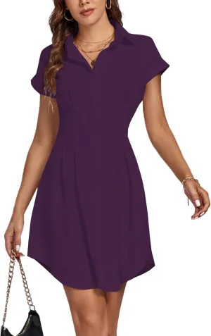 LYANER Women's Pleated Waist Collar Button Down Short Sleeve Mini Short Shirt Dress