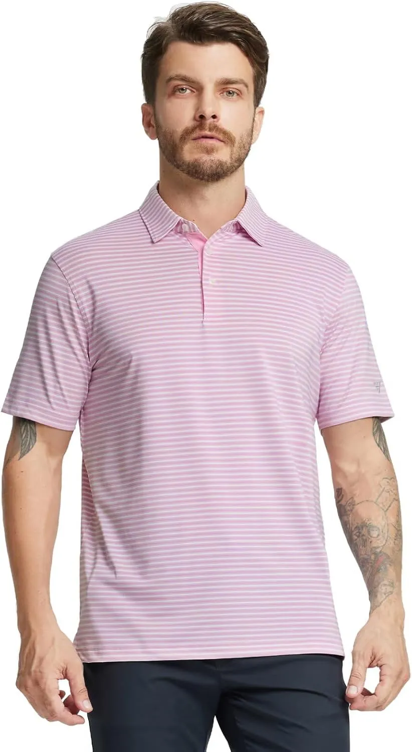 M MAELREG Golf Polo Shirts for Men Stripe Performance Moisture Wicking Dry Fit Collared Mens Polo Shirts Short Sleeve