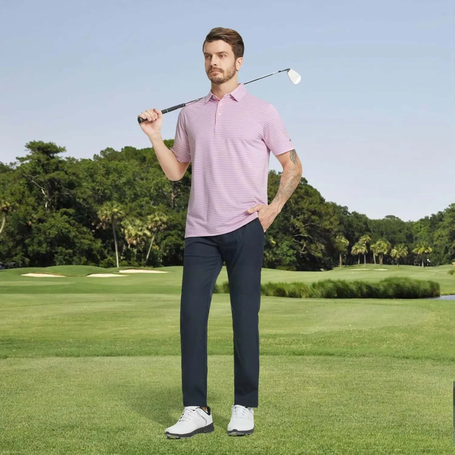 M MAELREG Golf Polo Shirts for Men Stripe Performance Moisture Wicking Dry Fit Collared Mens Polo Shirts Short Sleeve