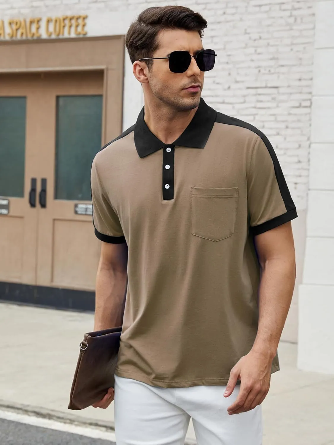 Men's Casual Polo Shirts Short Sleeve Classic Button Shirt Fashion Cotton Golf Tops with Pocket