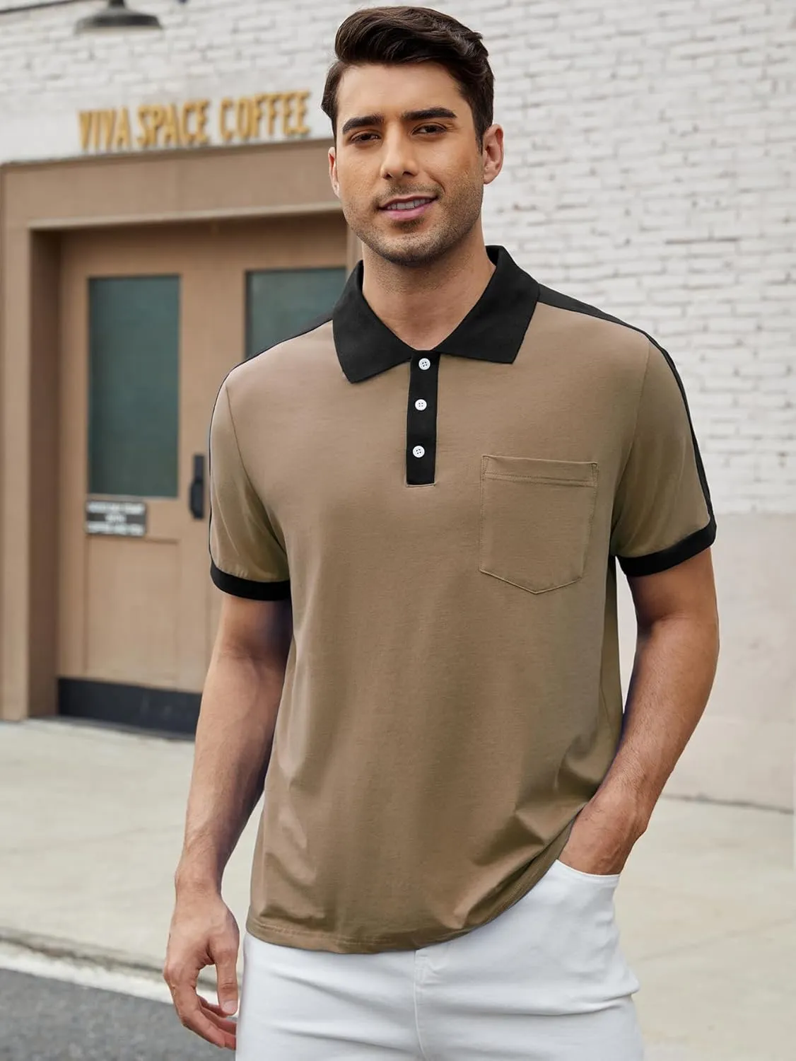 Men's Casual Polo Shirts Short Sleeve Classic Button Shirt Fashion Cotton Golf Tops with Pocket