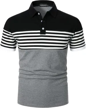 Mens Polo Shirts Long/Short Sleeve Striped Casual Slim Fit Golf Polo Contrast Color Summer Cotton T-Shirts