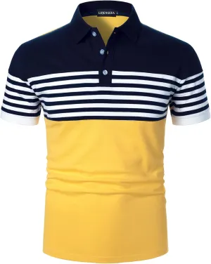 Mens Polo Shirts Long/Short Sleeve Striped Casual Slim Fit Golf Polo Contrast Color Summer Cotton T-Shirts