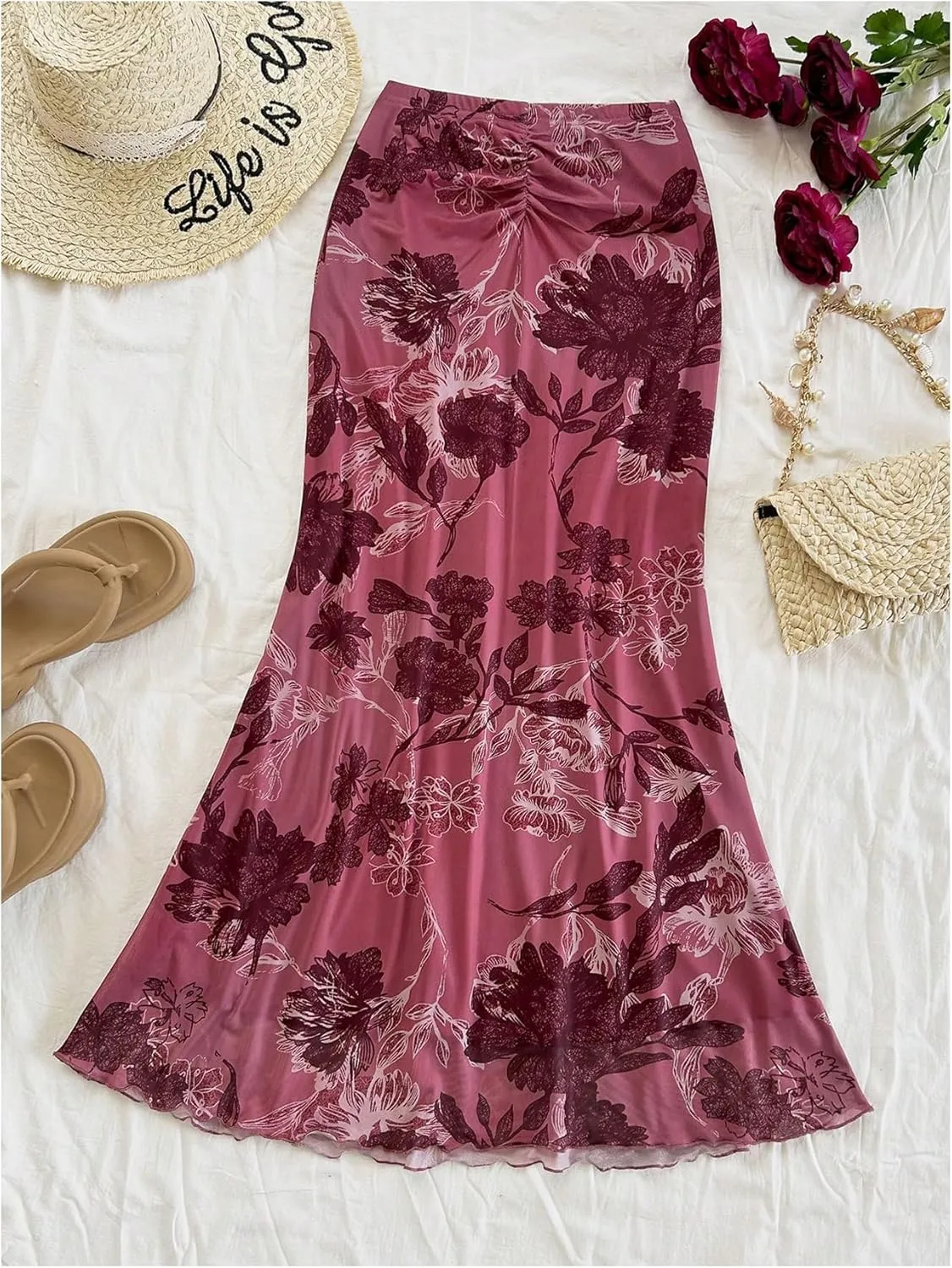 Milumia Women's Floral Fishtail Mesh Maxi Skirt Elegant Ruched Bodycon Vacation Skirts