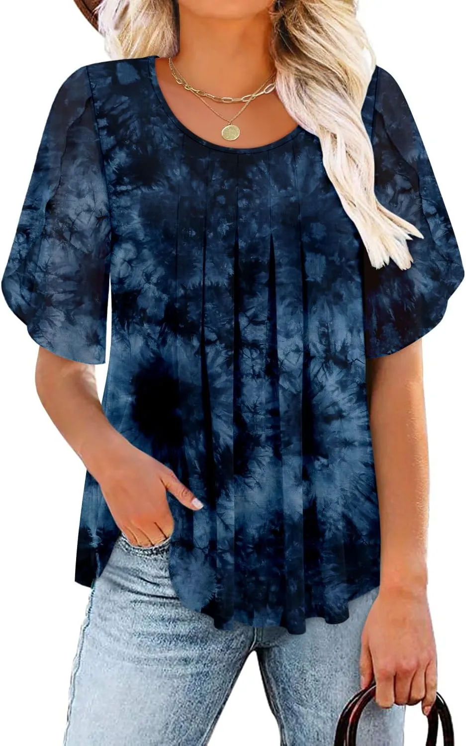onlypuff Womens Double Layered Tunic Tops Half Sleeve Floral Double Layered Sheer Flowy Blouse Round/V Neck Casual Shirts