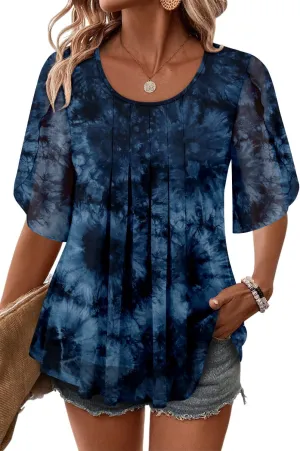onlypuff Womens Double Layered Tunic Tops Half Sleeve Floral Double Layered Sheer Flowy Blouse Round/V Neck Casual Shirts