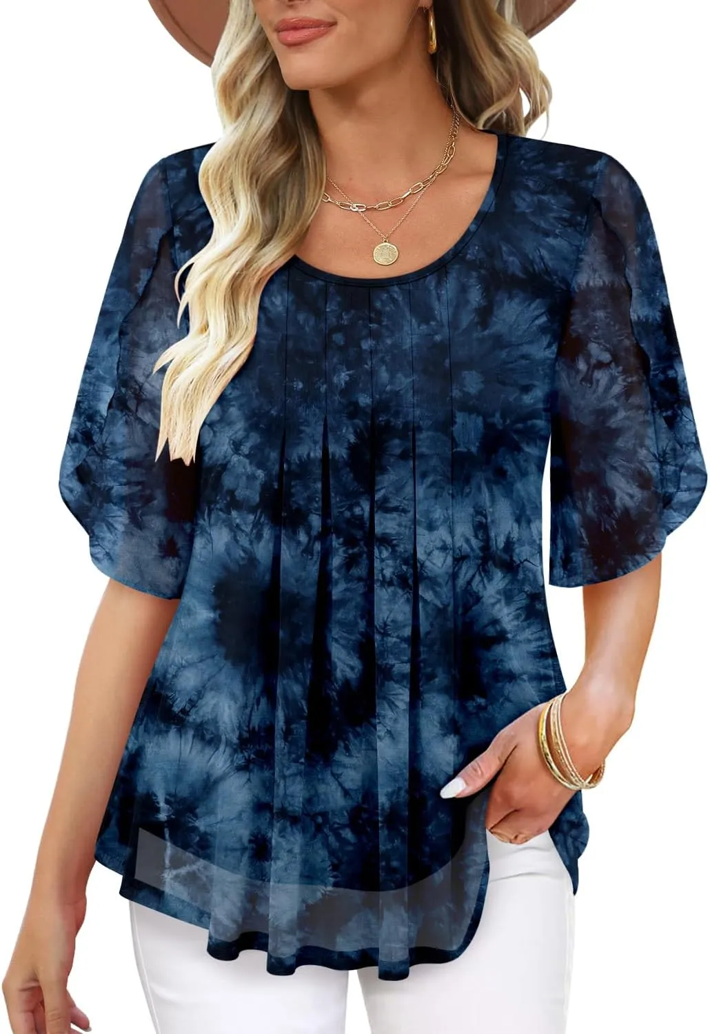 onlypuff Womens Double Layered Tunic Tops Half Sleeve Floral Double Layered Sheer Flowy Blouse Round/V Neck Casual Shirts